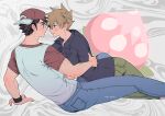  2boys absurdres arm_around_waist backwards_hat baseball_cap berry_(pokemon) black_shirt blue_oak blue_pants brown_eyes brown_hair closed_mouth collared_shirt commentary_request crew_neck denim eye_contact feet_out_of_frame grey_pants hat highres jeans looking_at_another male_focus multicolored_hair multiple_boys open_collar open_mouth pants parted_bangs pecha_berry pk_rgr96 pokemon pokemon_sm raglan_sleeves red_(pokemon) red_hat screentones shirt short_hair short_sleeves sideburns smile spiked_hair t-shirt two-tone_hair wing_collar yaoi 
