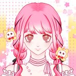  1girl absurdres ahoge animal azi38123 bags_under_eyes bare_shoulders bead_necklace beads bow bow_choker bowtie bra_strap braid brown_eyes cat cherry_blossoms chinese_commentary choker cloak closed_mouth clothed_animal clothing_cutout collarbone commentary_request ear_covers eyelashes flower frilled_shirt frills grid_background happy highres hood hood_up hooded_cloak infinity_nikki jewelry lips long_hair long_sidelocks low_twin_braids low_twintails momo_(nikki) necklace nikki_(nikki) nikki_(series) open_mouth perfect_start_(infinity_nikki) petals pink_bow pink_bowtie pink_choker pink_flower pink_hair red_bow red_bowtie shirt shoulder_cutout sidelocks single_stripe smile solo sparkling_eyes straight-on striped_bow striped_bowtie striped_choker striped_clothes traditional_bowtie twin_braids twintails upper_body very_long_hair white_background white_cat white_shirt yellow_cloak 