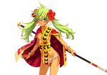  cape eiyuu_senki flower green_hair inui_shana jewelry kamehameha_(eiyuu_senki) lots_of_jewelry polearm smile spear twintails 