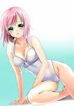  aqua_background bad_id bad_pixiv_id bare_legs collarbone estellise_sidos_heurassein gradient gradient_background green_eyes highres kneeling one-piece_swimsuit pink_hair short_hair skybean solo swimsuit tales_of_(series) tales_of_vesperia wet white_background white_swimsuit 