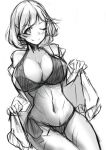  1girl bikini blush breasts cleavage commentary_request large_breasts looking_at_viewer monochrome narusawa_ryouka navel occultic;nine one_eye_closed science_adventure short_hair simple_background sketch smile solo swimsuit white_background yakku 