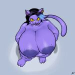 1:1 anthro areola belly big_areola big_belly big_breasts bird's-eye_view black_hair breasts catty_cattenheimer cosmikizone cute_fangs domestic_cat ear_piercing ear_ring eyeliner fangs felid feline felis female fur hair hi_res high-angle_view huge_breasts makeup mammal overweight overweight_anthro overweight_female piercing pupils purple_body purple_fur ring_piercing short_tail slit_pupils solo tail teeth undertale_(series) yellow_eyes