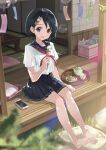 1girl absurdres architecture bare_legs barefoot black_hair black_sailor_collar black_skirt blurry blurry_foreground blush cellphone commentary_request commission dango depth_of_field east_asian_architecture food green_tea hair_ornament highres holding holding_skewer idolmaster idolmaster_cinderella_girls l.f. neckerchief on_floor phone pixiv_commission rabbit_hair_ornament red_neckerchief sailor_collar sanshoku_dango sasaki_chie school_uniform serafuku shirt short_hair short_sleeves sitting skewer skirt smartphone smile solo tatami tea teapot toes wagashi white_shirt wooden_floor 