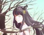  bare_shoulders black_hair cherry_blossoms closed_eyes fusou_(kantai_collection) hair_ornament huziki1979hiro0818 japanese_clothes kantai_collection long_hair nontraditional_miko smile solo tree 
