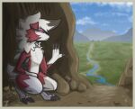 absurd_res arkailart border cave city city_skyline cloud cloudy_sky crouching forest forest_background generation_7_pokemon hand_on_wall hi_res landscape looking_away lycanroc midnight_lycanroc mountain nature nature_background nintendo plant pokemon pokemon_(species) river sky solo tree valley wistful yellow_border