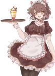  1girl ahoge animal_ears apron black_pantyhose blush bow bow_choker breasts brown_eyes brown_hair brown_shirt brown_skirt choker coco's collarbone commentary_request dantsu_flame_(umamusume) ear_covers food hair_between_eyes highres holding holding_tray horse_ears horse_girl looking_at_viewer medium_breasts multicolored_hair name_tag open_mouth pantyhose parfait pink_bow pink_choker puffy_sleeves revision shirt simple_background skirt smile solo t7jzw3 tray umamusume waist_apron waitress white_apron white_background white_hair white_headdress 