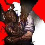  1boy antennae arthropod_limbs artist_name bug cockroach collared_shirt commentary compound_eyes constricted_pupils dutch_angle english_commentary gregor_(project_moon) insect_wings kanykuku0701 limbus_company mutation necktie pants project_moon red_necktie red_pupils shirt sleeves_rolled_up solo spoilers the_roach_emperor upper_body vest white_shirt wings 