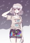  1girl absurdres alternate_costume axolotl-anne black_shorts blush breasts commentary cowboy_shot crescent danganronpa_(series) danganronpa_2:_goodbye_despair english_commentary eyelashes gamer_shirts_(meme) grey_hair grey_shirt hand_on_own_head highres medium_hair meme messy_hair nanami_chiaki one_eye_closed pink_eyes planet print_shorts shirt shooting_star short_sleeves shorts sidelocks sleepy solo star_(symbol) t-shirt tetris 