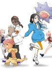  2boys 2girls absurdres bag blonde_hair blue_hoodie brown_jacket commentary_request dark-skinned_male dark_skin highres hood hood_down hoodie jacket leg_up leggings legs_apart lida_(pokemon) long_hair motion_lines multiple_boys multiple_girls naveen_(pokemon) open_clothes open_jacket pants paper_bag pokemon pokemon_(creature) pokemon_legends:_z-a ponytail red_shirt ribbed_socks scrafty shirt shoes shorts socks standing starmie taunie_(pokemon) urbain_(pokemon) user_macu7727 white_jacket 