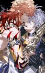  2boys absurdres antenna_hair arm_tattoo armlet armor back_tattoo black_choker black_coat black_gloves black_shirt blonde_hair blood blood_from_eyes blood_from_mouth blue_eyes braid chinese_commentary choker clawed_gauntlets coat commentary_request earrings facial_tattoo fingerless_gloves gloves gold_earrings gold_necklace gradient_hair highres honkai:_star_rail honkai_(series) jewelry liaoxiaoyan0919 male_focus medium_hair multicolored_hair multiple_boys mydei_(honkai:_star_rail) neck_tattoo necklace open_clothes open_coat parted_bangs pauldrons phainon_(honkai:_star_rail) red_hair red_tattoo shirt short_hair shoulder_armor side_braid single_pauldron sun_symbol sun_tattoo tattoo white_coat white_hair yellow_blood yellow_eyes 