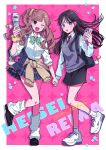  2girls ;d bag black_hair black_skirt bow bowtie brown_hair cardigan clothes_around_waist collared_shirt commentary_request gyaru hair_ornament highres holding_hands interlocked_fingers long_hair looking_at_viewer loose_socks maria_komaki multiple_girls one_eye_closed open_mouth original ponytail school_uniform scrunchie shirt shoes skirt sleeves_rolled_up smile sneakers socks star_(symbol) sweater_vest twintails white_shirt wrist_scrunchie 