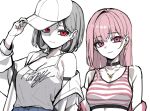  2girls adjusting_clothes adjusting_headwear baegsaeg_waesyong baseball_cap black_choker breasts camisole choker choppy_bangs cleavage closed_mouth commentary_request earrings flower_pendant grey_background grey_hair hat honey_churros indie_virtual_youtuber jacket jewelry key_earrings korean_commentary long_hair looking_at_viewer multicolored_hair multiple_girls necklace ohwayo open_clothes open_jacket pink_eyes pink_hair print_camisole project_[i] red_eyes short_hair simple_background single_off_shoulder sketch sports_bra straight_hair streaked_hair striped_sports_bra upper_body virtual_youtuber white_camisole white_hat white_jacket 