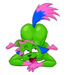 2025 absurd_res all_fours anthro ass_up blue_ears blue_tail digital_media_(artwork) epic_face felid fur green_body hi_res jandroline kevin_(nyanwolf) male mammal nude open_mouth pink_body pink_fur sharp_teeth simple_background solo tail teeth tongue white_background