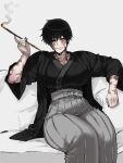  1girl absurdres black_hair black_kimono black_nails breasts burn_scar cleavage commentary couch english_commentary grey_hakama gy_beth hakama hakama_skirt highres holding holding_smoking_pipe japanese_clothes jujutsu_kaisen kimono kiseru large_breasts on_couch scar scar_on_arm scar_on_face short_hair sitting skirt smile smoke smoking smoking_pipe solo watermark white_background yellow_eyes zen'in_maki 