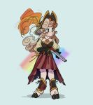  1girl animal_ears aqua_background belt black_hat black_shirt blonde_hair breasts brown_belt brown_hair captainpuffy cleavage commentary curly_hair dream_smp full_body furry furry_female green_eyes gun hat hat_feather highres holding holding_gun holding_weapon hooves long_hair long_sleeves medium_breasts minecraft_youtube multicolored_hair pirate red_skirt ribbon sheep_ears sheep_girl shirt simple_background skirt skull split-color_hair standing weapon wiiilby yellow_ribbon 