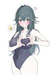  1girl anger_vein angry antenna_hair blue_one-piece_swimsuit blush commentary emoji gakuen_idolmaster green_eyes green_hair heart-shaped_boob_challenge highres idolmaster kotatuneko15 long_hair motion_lines nipples one-piece_swimsuit open_mouth pale_skin see-through_clothes solo solo_focus sweatdrop swimsuit tsukimura_temari 