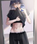  1girl alternate_costume black_hair black_pants black_shirt blue_eyes breasts cellphone closed_mouth commentary english_commentary highres holding holding_phone hololive hololive_english large_breasts looking_at_viewer navel nurizza_ilst ouro_kronii pants phone shirt smartphone solo virtual_youtuber 