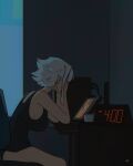  1girl black_tank_top breasts chair clock cowboy_shot cup desk digital_clock drawing_tablet exhausted from_side grawlix_(shibansfw) grey_hair hands_on_own_face highres indoors large_breasts mug night original seven-segment_display shibansfw short_hair sideboob sitting solo tank_top 