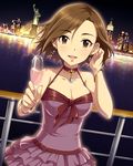  alcohol artist_request bracelet breasts brown_eyes brown_hair cleavage cup drinking_glass earrings fingernails glass idolmaster idolmaster_cinderella_girls jewelry landmark large_breasts long_fingernails looking_at_viewer mizuki_seira nail_polish necklace new_york official_art parted_lips pendant short_hair smile solo statue_of_liberty wine wine_glass 
