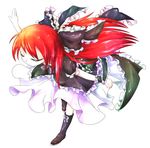  boots closed_eyes dress expressionless farewell_(game) frills full_body hair_ribbon leaning_forward long_hair outstretched_arms ponytail red_hair relic_(farewell) ribbon sabisabikyatto simple_background solo spread_arms wristband 