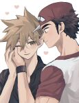  2boys absurdres adam's_apple arm_up baseball_cap black_shirt blue_oak blush brown_hair closed_mouth collared_shirt commentary_request crew_neck eye_contact hand_on_another's_face hat heart highres looking_at_another male_focus multiple_boys one_eye_closed open_collar pk_rgr96 pokemon pokemon_sm red_(pokemon) red_hat shirt short_hair short_sleeves sideburns smile spiked_hair upper_body watch white_background wristwatch yaoi 