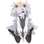  1girl black_pantyhose blue_archive bow bowtie buttons choker commentary_request diagonal-striped_bow diagonal-striped_bowtie diagonal-striped_clothes dress full_body hair_bobbles hair_ornament halo highres kanoe_(blue_archive) long_hair messy_hair multicolored_eyes one_eye_covered orange_halo own_hands_together pantyhose pb_515 pinafore_dress short_twintails simple_background sleeveless sleeveless_dress solo striped_bow striped_bowtie striped_clothes twintails two-tone_eyes wavy_mouth white_background 