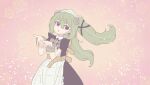  1girl apron black_dress corin_wickes dress floral_print green_hair hair_between_eyes hands_up highres kurone_sc long_hair looking_down maid maid_apron maid_headdress open_mouth pink_background purple_eyes screw_hair_ornament solo thick_eyebrows twintails upper_body white_apron zenless_zone_zero 