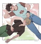  2boys absurdres arm_up black_shirt blue_oak blue_pants border brown_eyes brown_hair buttons closed_eyes collared_shirt commentary_request crew_neck denim feet_out_of_frame from_above green_pants hand_on_own_stomach highres jeans lap_pillow looking_at_another lying male_focus multiple_boys on_back outside_border pants parted_bangs parted_hair pk_rgr96 pokemon pokemon_sm print_shirt red_(pokemon) shirt short_sleeves sideburns watch wristwatch 