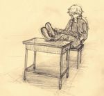  desk full_body gakuran garactor_aduki graphite_(medium) hands_in_pockets long_hair male_focus mikan_muzou monochrome ponytail school_uniform serious sketch solo soutarou_(mikan_muzou) traditional_media 