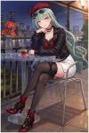  1girl absurdres arm_rest artist_name belt beret black_belt black_choker black_jacket black_thighhighs breasts casual ceiling_light chair choker city city_lights cleavage closed_mouth cloud collarbone commentary_request crossed_legs cup earrings eyewear_on_head flower full_body glass_table grey_hair hair_ornament hand_on_own_face hand_up hat head_tilt high_heels highres jacket jewelry lamp legs long_hair long_sleeves looking_at_viewer medium_breasts night official_alternate_costume on_chair open_clothes open_jacket outdoors phrolova_(wuthering_waves) purple_eyes railing red_hat red_shirt river round_table saucer shirt short_shorts shorts sitting smile solo spider_lily sunglasses table teacup thighhighs thighs tile_floor tiles vase very_long_hair water wavy_hair white_shorts wing_collar wuthering_waves x_hair_ornament xnnagu 