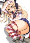  ass bad_id bad_pixiv_id blonde_hair breasts elbow_gloves gloves inu_(marukome) kantai_collection long_hair looking_at_viewer lying nipples on_side shimakaze_(kantai_collection) skirt small_breasts solo striped striped_legwear thighhighs thighs torn_clothes torn_legwear yellow_eyes 