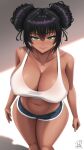  1girl black_hair blush breasts cleavage closed_mouth commentary dark-skinned_female dark_skin denim denim_shorts double_bun english_commentary from_above green_eyes hair_between_eyes hair_bun highres large_breasts lips looking_at_viewer medium_hair navel no_bra original rocky-ace shadow short_shorts shorts signature smile solo stomach sweat 