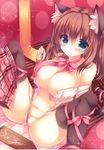  animal_ears aqua_eyes black_legwear blush bow breasts brown_hair cat_ears cat_tail choker large_breasts looking_at_viewer navel nearly_naked_ribbon no_panties original pussy ribbon ribbon_choker short_hair skirt skirt_around_one_leg smile solo suzune_rena tail thighhighs 