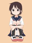  1girl black_socks blue_sailor_collar blue_skirt blush brown_eyes brown_hair cameltoe closed_mouth collarbone commentary_request full_body highres hugging_own_legs kneehighs knees_up looking_afar miniskirt neckerchief orange_background original panties pigeon-toed pleated_skirt ponnu_(tnpn2yw) red_neckerchief red_shoes sailor_collar school_uniform serafuku shirt shoes short_hair short_sleeves sidelocks simple_background sitting skirt socks solo split_mouth underwear upskirt white_panties white_shirt wide-eyed 