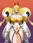  1girl absurdres animal_ears arm_warmers armor belt bikini_armor black_arm_warmers breasts cleavage closed_mouth commentary covered_eyes cowboy_shot detached_sleeves digimon digimon_(creature) earrings facial_mark fox_ears fox_mask gradient_background grey_hair groin hair_ribbon highres jewelry large_breasts long_hair low-tied_long_hair low_twintails mask multiple_earrings navel revealing_clothes ribbon sakuyamon sakuyamon_x-antibody shoulder_armor simple_background smile solo standing stomach tress_ribbon tsubasadraw twintails very_long_hair white_belt white_sleeves yellow_armor yellow_collar yellow_mask yin_yang yin_yang_print 