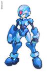  1boy 2019 android arm_cannon armor artist_name blue_armor blue_eyes blue_helmet clenched_hand commentary english_commentary forehead_jewel full_body helmet highres joints legs_apart male_focus mega_man_(series) mega_man_x_(series) mega_man_zero_(series) nakayama_tooru_(style) official_alternate_design robot_joints signature simple_background solo standing teppen tomycase weapon white_background x_(mega_man) 