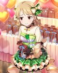  artist_request balloon black_gloves blonde_hair blush bow brown_eyes d: drill_hair earrings eyebrows_visible_through_hair flower gift gift_bag gloves hair_bow holding holding_gift idolmaster idolmaster_cinderella_girls jewelry long_hair long_sleeves looking_away morikubo_nono official_art open_mouth rose smile solo valentine 