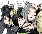  1girl 1other absurdres animal_ears arknights cat_ears cat_girl closed_eyes commentary doctor_(arknights) english_commentary green_hair hand_on_own_head highres hood hood_up kal'tsit_(arknights) material_growth medium_hair meme naoya_hitting_choso_without_looking_(meme) open_mouth oripathy_lesion_(arknights) simple_background wawamachi white_background 