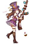  blush boots breasts brown_hair caitlyn_(league_of_legends) cleavage cupcake fingerless_gloves food gloves gun hat league_of_legends long_hair medium_breasts momoko_(momopoco) rifle solo thigh_strap weapon 
