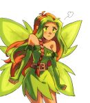  1girl animification annoyed antenna_hair aquanut belt breasts brown_hair cleavage commentary cowboy_shot dress elbow_gloves english_commentary eyeshadow fairy fairy_wings freckles gloves green_dress green_eyes green_gloves green_hair illusen long_hair looking_at_viewer makeup multicolored_hair neopets pointy_ears simple_background sketch strapless streaked_hair white_background wings 