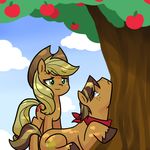  applejack_(mlp) blonde_hair blue_eyes brown_hair duo equine female friendship_is_magic fur green_eyes hair horse kerchief kilala97 male mammal my_little_pony orange_fur original_character outside pony sad two_tone_hair 