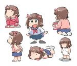  1girl amami_haruka blue_skirt bow brown_hair chibi green_eyes hair_bow idolmaster idolmaster_(classic) jacket long_sleeves lying multiple_hair_bows multiple_views on_stomach open_mouth pants pink_bow red_jacket sailor_collar sailor_shirt shirt short_hair simple_background sitting skirt standing track_jacket track_pants track_suit tsubobot weighing_scale white_background white_shirt 