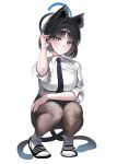  1girl absurdres adjusting_hair animal_ear_fluff animal_ears black_eyes black_hair black_necktie black_pantyhose black_sandals black_skirt blue_archive blue_halo blush breasts cat_ears cat_girl closed_mouth collared_shirt commentary extra_ears halo highres kikyou_(blue_archive) kirat_kr large_breasts necktie pantyhose sandals shirt short_hair skirt socks solo squatting white_shirt white_socks 