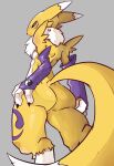  2025 absurd_res anthro arm_tuft armwear bandai_namco blue_eyes butt canid clothing digimon digimon_(species) digital_drawing_(artwork) digital_media_(artwork) elbow_gloves facial_markings featureless_chest featureless_crotch female fingerless_armwear fingers flat_chested fur gloves grey_background hand_on_leg hand_on_thigh handwear head_markings hi_res leg_markings long_tail looking_at_viewer looking_back looking_back_at_viewer mammal markings nails neck_tuft nude rear_view renamon shoulder_tuft simple_background snoutless solo standing tail tuft white_body white_fur wide_hips yellow_body yellow_fur yellow_tail yin_yang 