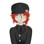  cosplay crossdressing expressionless farewell_(game) hat looking_at_viewer meepy neck_ribbon open_mouth red_hair relic_(farewell) ribbon rob_(farewell) rob_(farewell)_(cosplay) simple_background solo v_arms 
