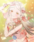  1girl bare_shoulders commentary_request dress gakuen_idolmaster grey_hair hair_ribbon highres idolmaster long_hair looking_at_viewer orange_eyes ozuma_(takarinhoi0621) ribbon shinosawa_hiro smile solo sunfaded_(idolmaster) sunlight upper_body 