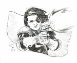  1girl 2010 armor birthmark bodysuit commentary deadpool_(series) domino_(marvel) english_commentary english_text facial_mark firing gloves greyscale gun handgun highres holding holding_gun holding_weapon jim_cheung looking_at_viewer marvel monochrome one_eye_closed pauldrons short_hair shoulder_armor sketch solo third-party_source traditional_media upper_body weapon western_comics_(style) x-men 