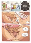 5_fingers anthro anus bed bedroom blush blush_lines bodily_fluids bottomless bottomless_anthro bottomless_female breasts butt buttplug camera clitoral_hood clothed clothed_anthro clothed_female clothing comic dialogue digital_media_(artwork) dildo english_text eva_(kantachibli) female fingering fingering_self fingers fur furniture genital_fluids genitals hair hi_res humanoid_genitalia humanoid_hands humanoid_vulva inner_labia kantachibli lagomorph leporid looking_pleasured mammal masturbation on_bed outer_labia perineum pink_hair plug_(sex_toy) rabbit sex_toy shirt sitting sitting_on_bed solo speech_bubble tan_body tan_fur text topwear tuft vaginal vaginal_fingering vaginal_fluids vaginal_masturbation vulva
