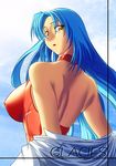  1girl aqua_hair back bandai_namco banpresto bare_back bare_shoulders blue_hair breasts coat glacies jacket long_hair looking_back super_robot_wars super_robot_wars_destiny super_robot_wars_original_generation yellow_eyes 