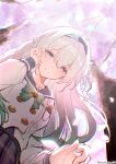  1girl aqua_bow aqua_bowtie bow bowtie buttons cherry_blossoms closed_mouth commentary_request double-breasted falling_petals firefly_(honkai:_star_rail) firefly_(spring_missive)_(honkai:_star_rail) from_below gradient_hair green_hair grey_hair grey_hairband grey_sailor_collar grey_skirt hair_between_eyes hairband hand_up highres honkai:_star_rail honkai_(series) long_hair long_sleeves looking_at_viewer mashiro_(user_65392488) multicolored_hair name_tag paid_reward_available petals plaid_bow plaid_bowtie plaid_clothes plaid_skirt purple_eyes sailor_collar school_uniform serafuku shirt skirt smile tree tucking_hair twitter_username upper_body white_shirt 